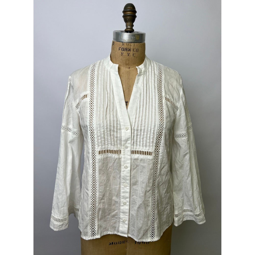 Club Monaco White Cotton Pintuck Ladder Lace Button Down Blouse Medium